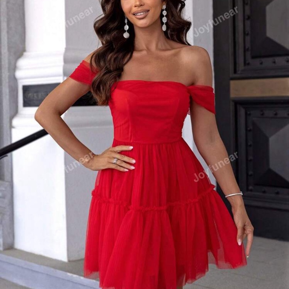 Joyfunear Off Shoulder Ruffle Hem Mesh Dress